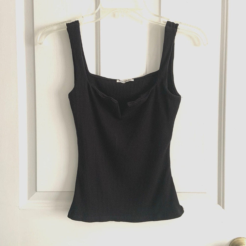 Reformation Maria Black Sleeveless Notch V Neck Ribbed Knit Crop Tank Top Size S
